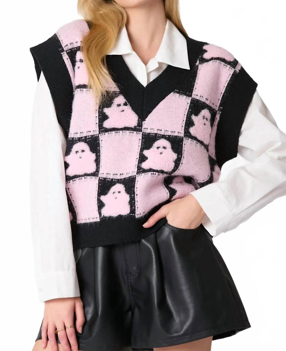 NEW PEACH LOVE hey boo halloween sweater vest in pink and black